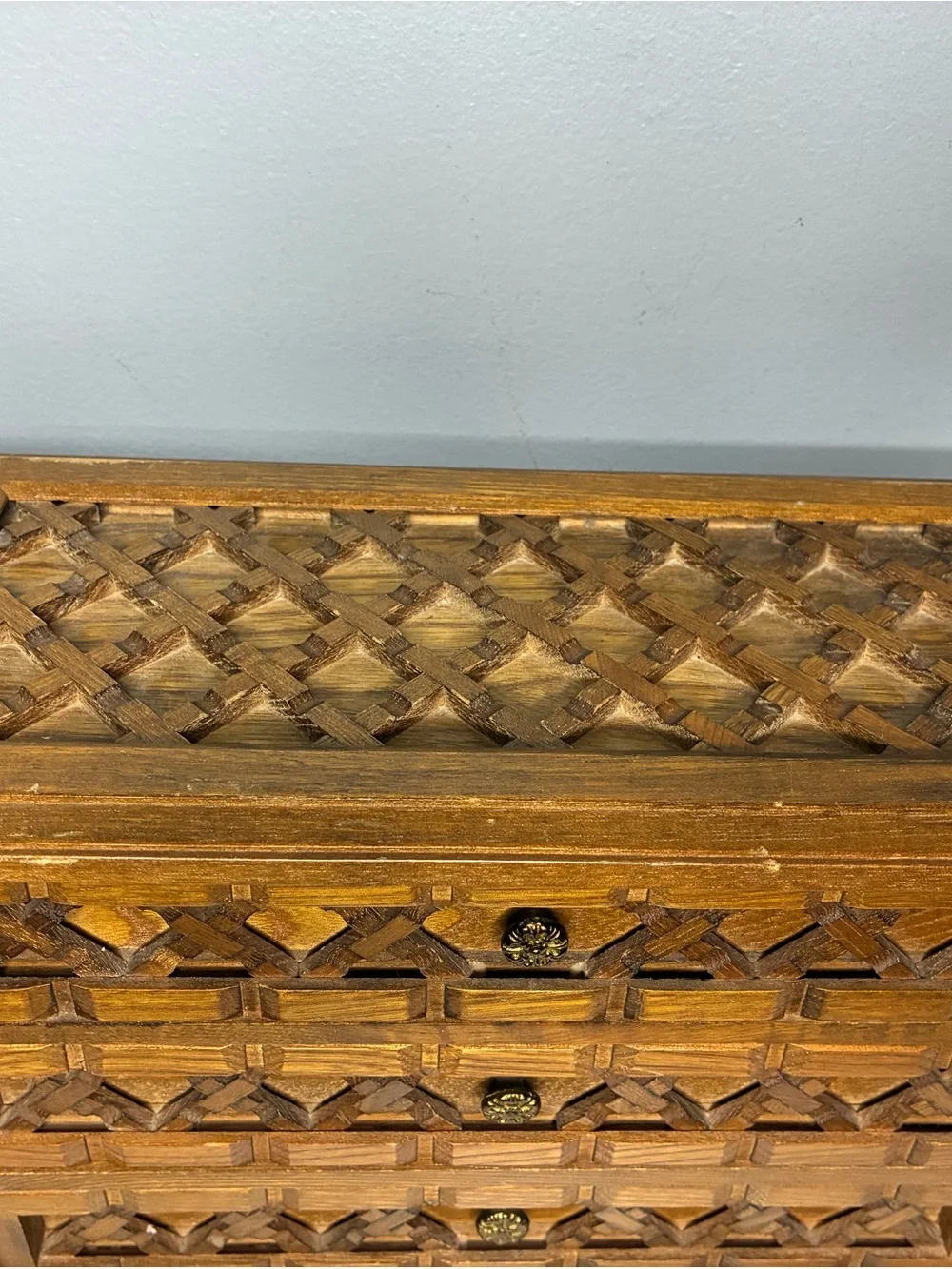 Farrington Japan Wooden Jewelry Box Chest 3 Drawer Carved Lattice Vintag